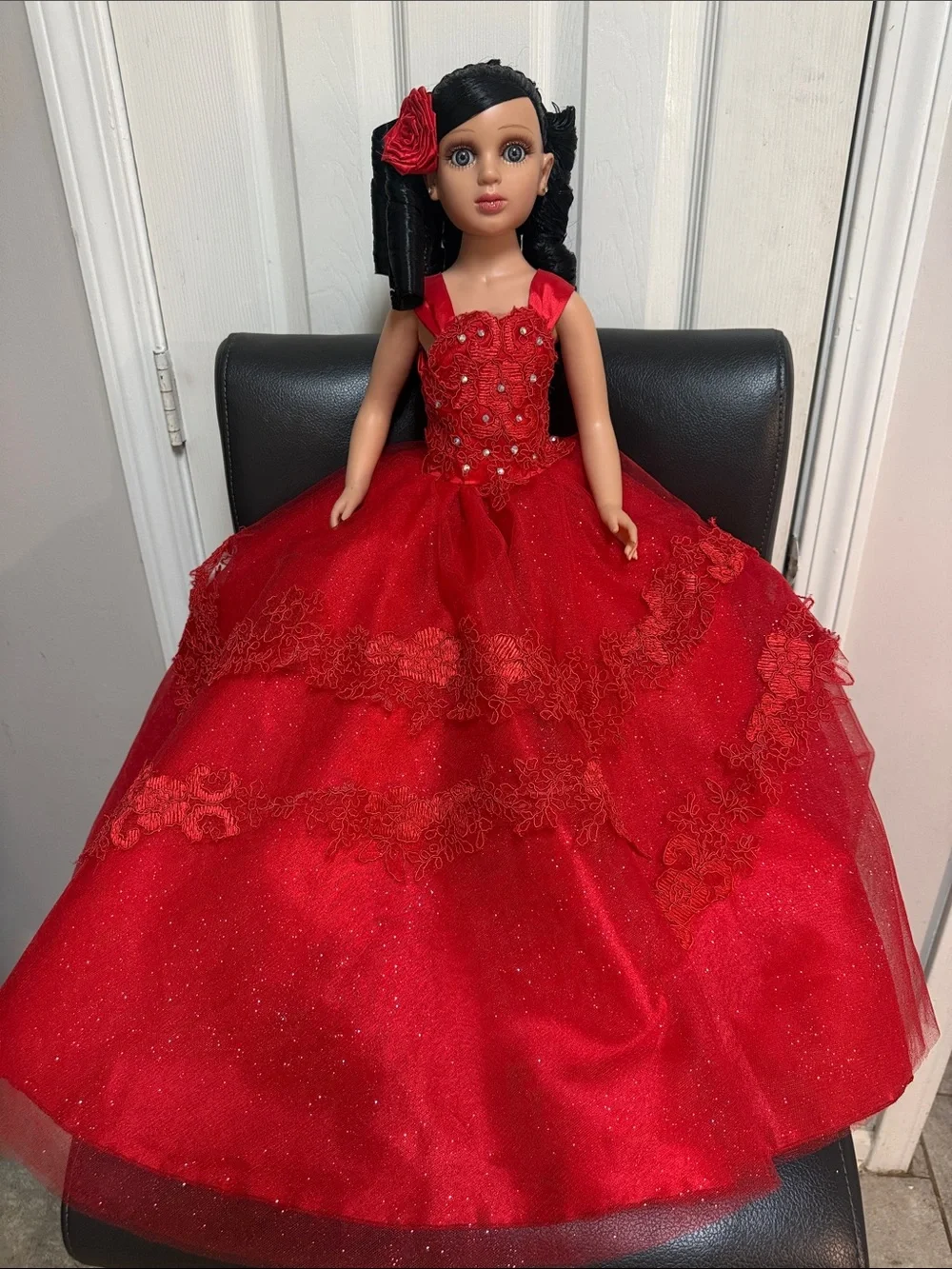 24-inch Quinceañera Keepsake Doll Wearing A Layered, sparkly Red Gown.